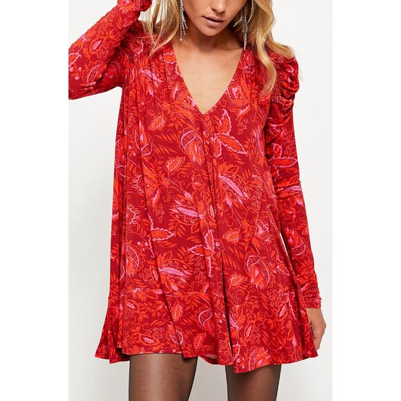 Free People HELLO LOVER Floral Ruched Long Sleeve Flowy Tunic Top Dress in Red M - Picture 3 of 10